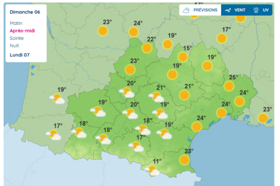 Les prévisions en Occitanie, dimanche 6 avril 2025. 