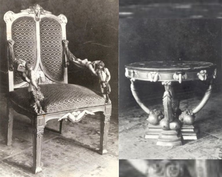 Des archives du mobilier érotique attribué à Catherine II de Russie. Ici un fauteuil et un guéridon.