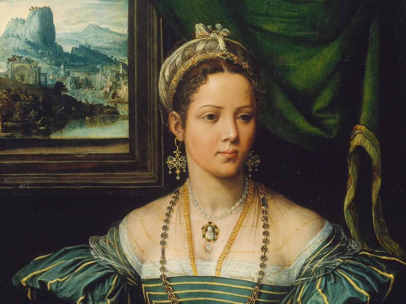 Attribué à Girolamo da Carpi, Portrait de dame (Renée de France ?) [détail]