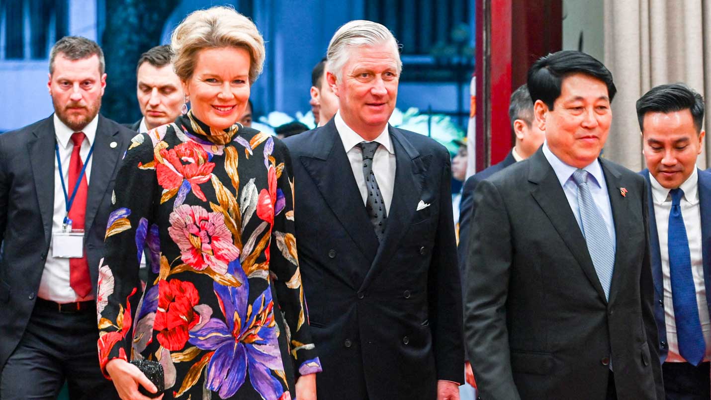 La reine Mathilde porte sa libellule en saphirs au dîner d'État au Vietnam