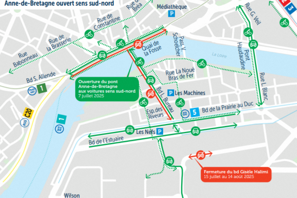 Plan de circulation du pont Anne de Bretagne ouvert dans le sens sud-nord entre l'été 2025 et le printemps 2026. Le vert représente les itinéraires conseillés pour les cyclistes et automobilistes et le orange représente les zones interdites aux voitrues. 