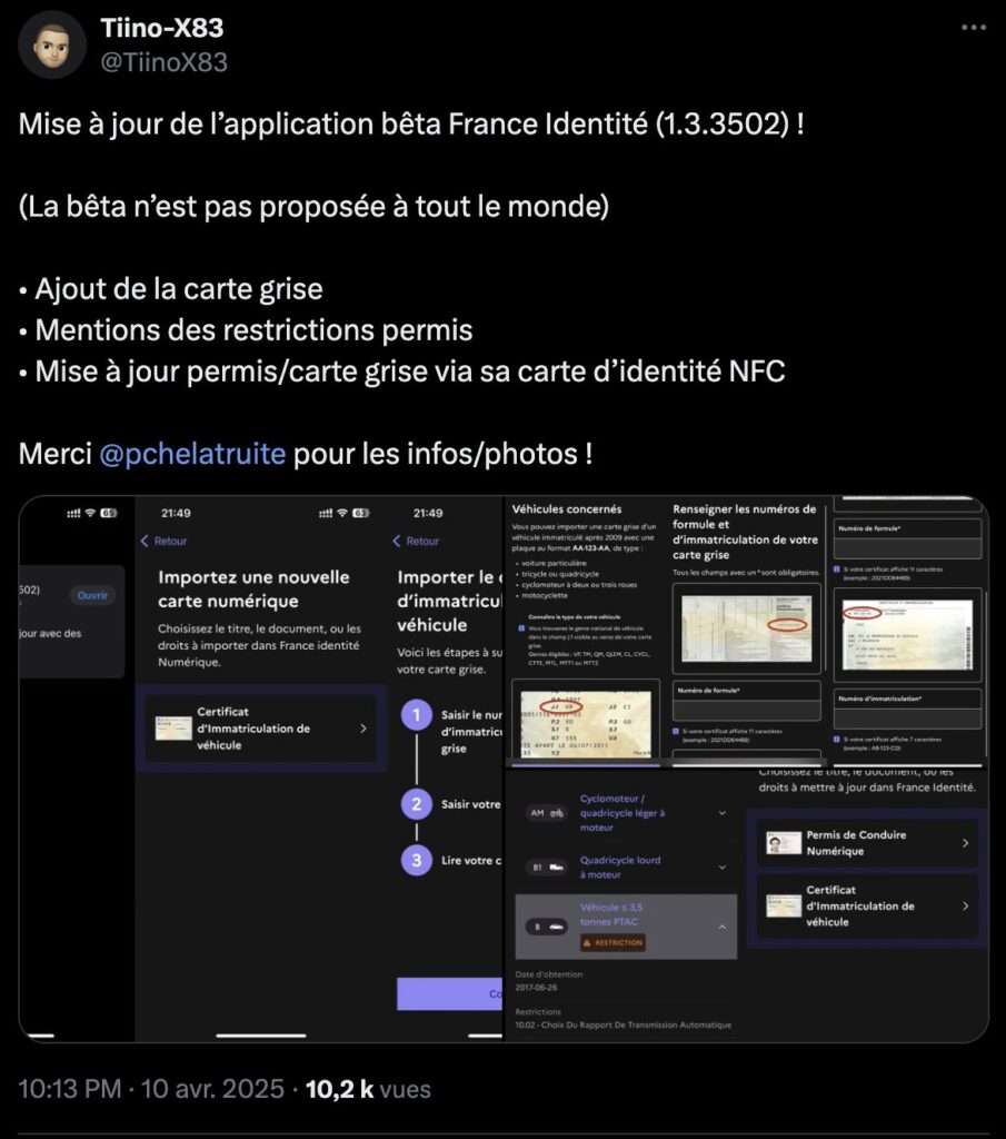 Tiino-X83 est le premier à avoir montré le fonctionnement de l'ajout d'une carte grise.