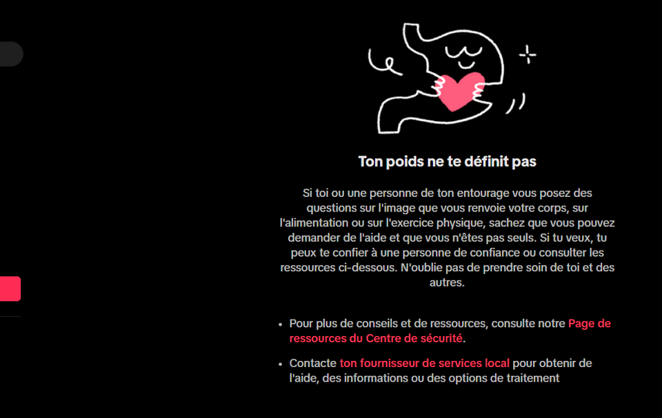 Depuis quelques temps, un message apparaît sur le réseau social lorsqu'on cherche des contenus #SkinnyTok.