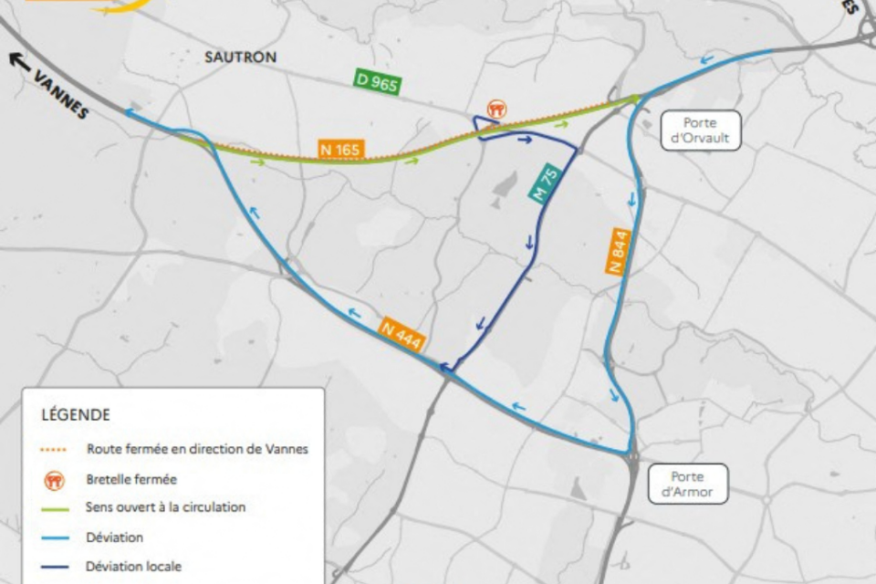 Le plan de circulation pendant la fermeture de la RN165 en direction de Vannes du 2 juin au 25 juin (week-end compris).