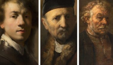 Rembrandt van Rijn, À gauche, Autoportrait avec un gorgerin (1629). Au milieu, Tronie d’un Vieil Homme (1630-1631). À droite, Étude d’un vieil homme (1650)