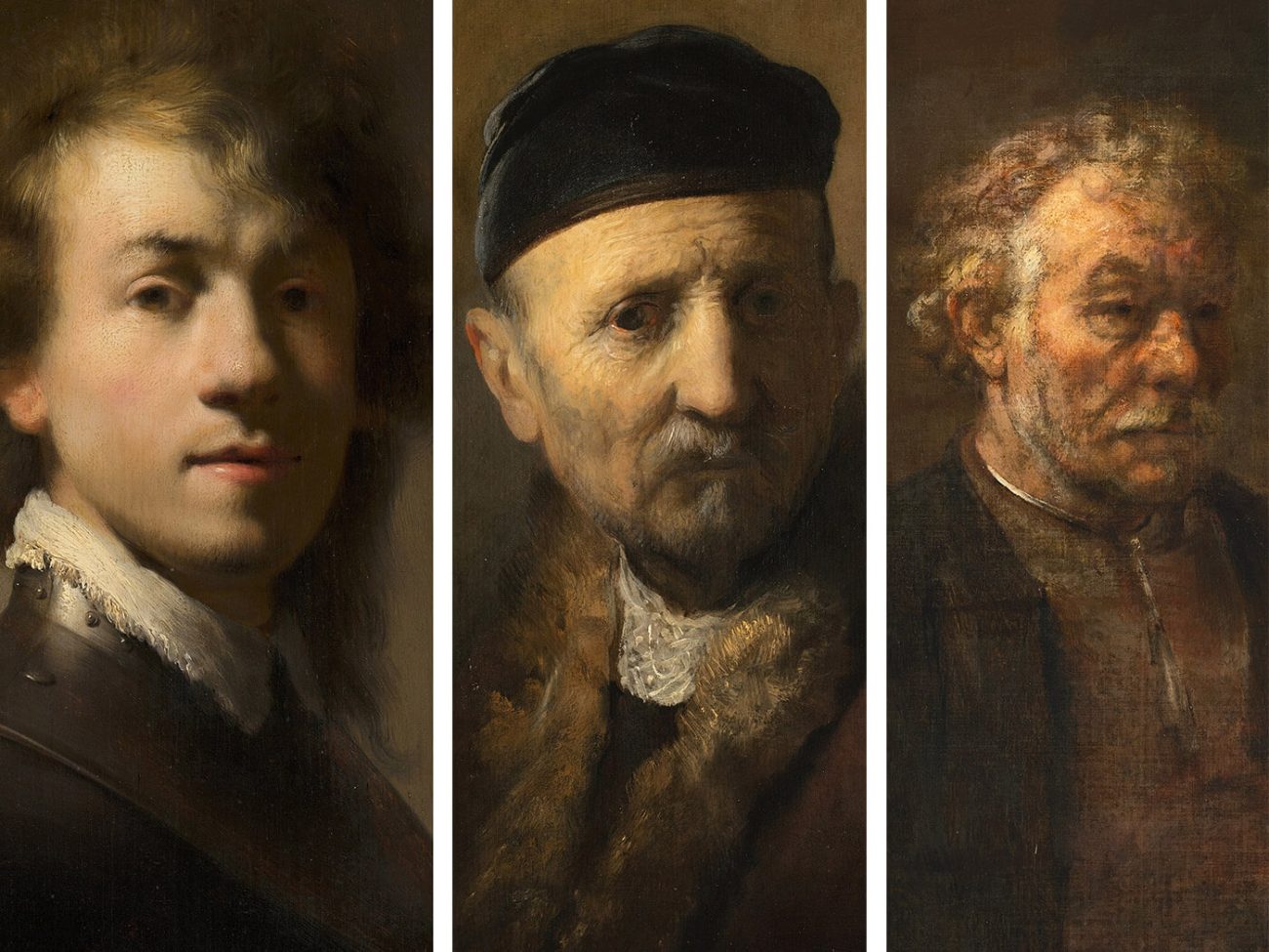 Rembrandt van Rijn, À gauche, Autoportrait avec un gorgerin (1629). Au milieu, Tronie d’un Vieil Homme (1630-1631). À droite, Étude d’un vieil homme (1650)