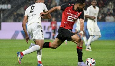 Musa Al-Taamari avec le ballon pour Rennes le 10 mai 2025 (DAMIEN MEYER)