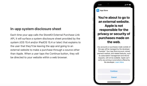 Cet affichage est aujourd'hui obligatoire pour les liens externes, avec du texte qui fait peur. Apple veut que les gens annulent.