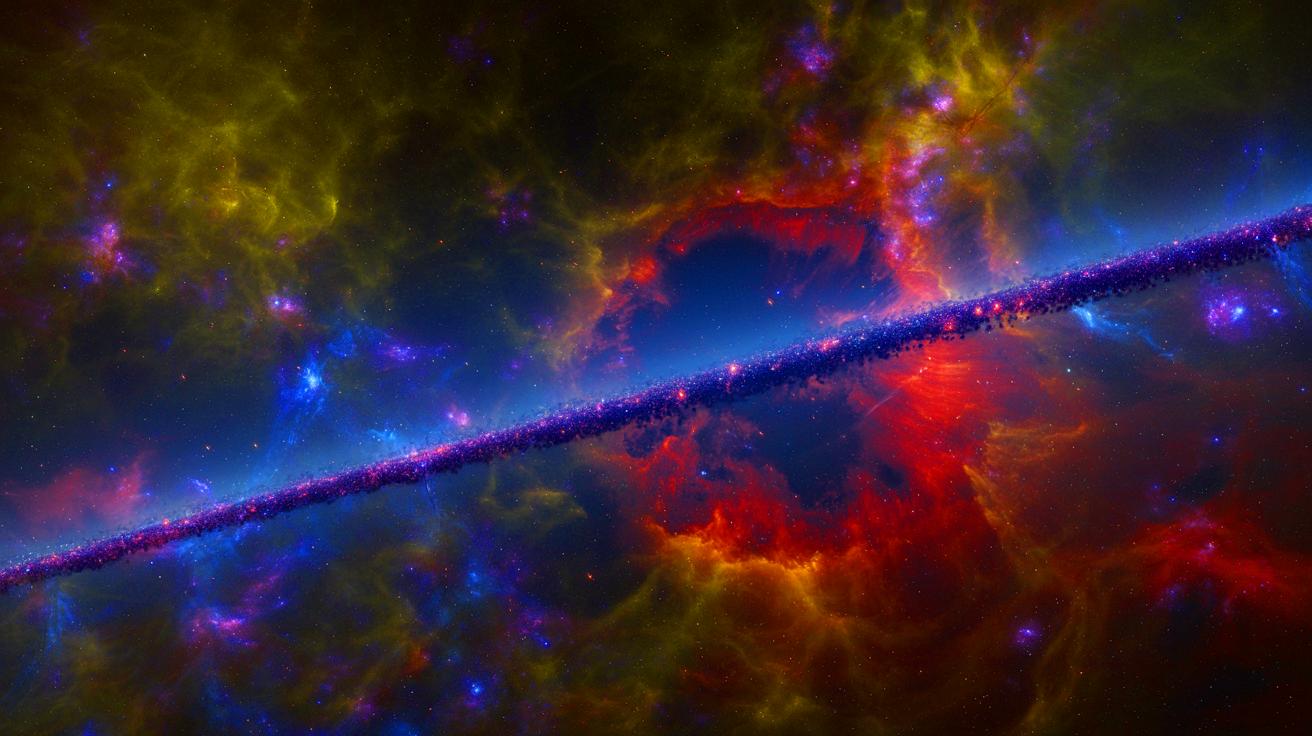 Illustration de la structure titanesque du Grand Mur d'Hercule-Couronne Boréale s'étendant sur 10 milliards d'années-lumière (création par IA, non réaliste). Crédit : Ideogram