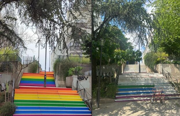 Paris (Xe). Les escaliers situés près de l'avenue de Verdun ont été peints cet hiver aux couleurs de l'arc-en-ciel (à gauche). Dans la nuit de vendredi à samedi, ils ont été repeints en blanc. "Un acte homophobe" selon la maire socialiste Alexandra Cordebard.