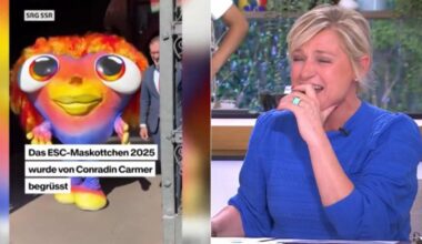 Anne-Élisabeth Lemoine hilare face à la mascotte de l’Eurovision 2025