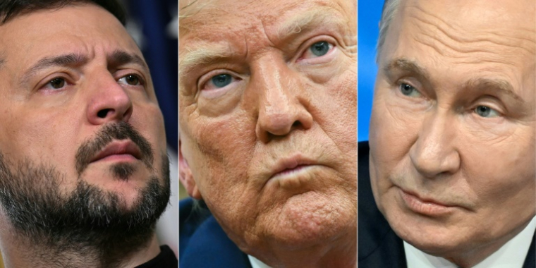 Portraits, de gauche à droite, des présidents ukrainien Volodymyr Zelensky, américain Donald Trump et russe Vladimir Poutine  ( AFP / Drew ANGERER )