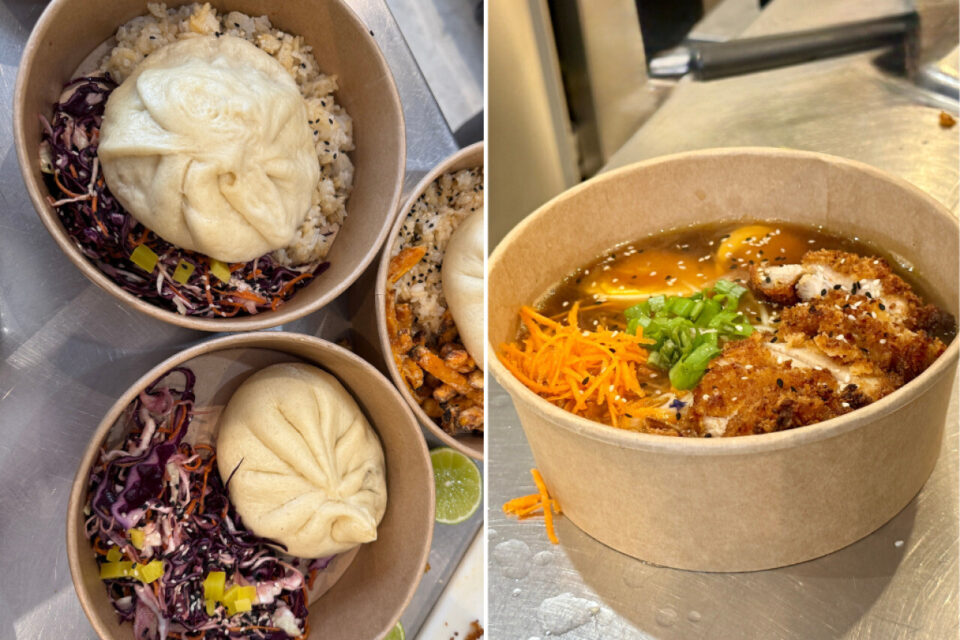 Des baos à gauche et la soupe à l'oignon façon ramen à droite.