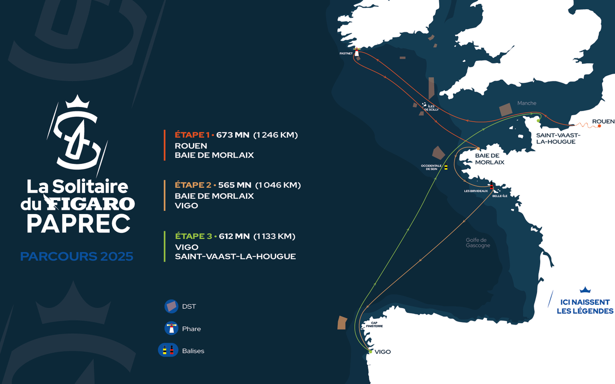 De Rouen à Saint-Vaast-La-Hougue, en passant par la baie de Morlaix et Vigo : le parcours de la Solitaire du Figaro Paprec 2025 dévoilé