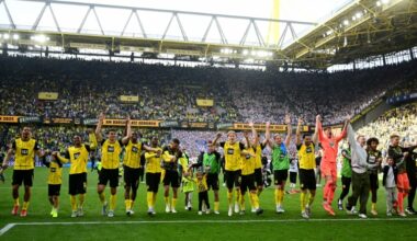 La joie des joueurs de Dortmund, vainqueurs à domicile de Kiel et qualifiés pour la Ligue des champions la saison prochaine, le 17 mai 2025 (INA FASSBENDER)