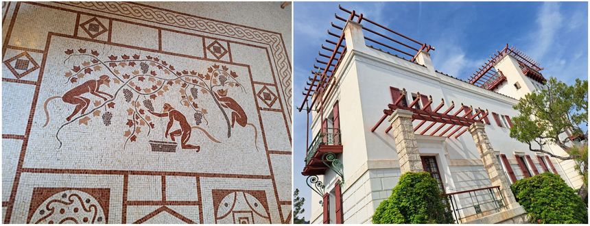 A l'intérieur et à l'extérieur de la Villa Kérylos. Dans la mythologie grecque, Kérylos désigne l’Alcyon, un oiseau mythique, hirondelle de mer réputée annoncer un heureux présage.