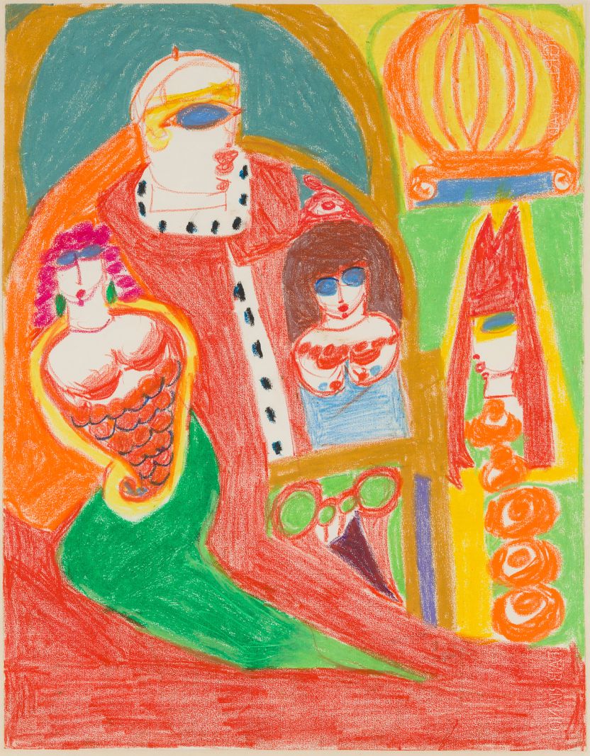 Dessin coloré d’Aloïse Corbaz intitulé ’Pape Jean 24’, vers 1960, représentant des figures stylisées avec des vêtements vibrants et des motifs ornementaux. Collection du LaM, don de L’Aracine en 1999.