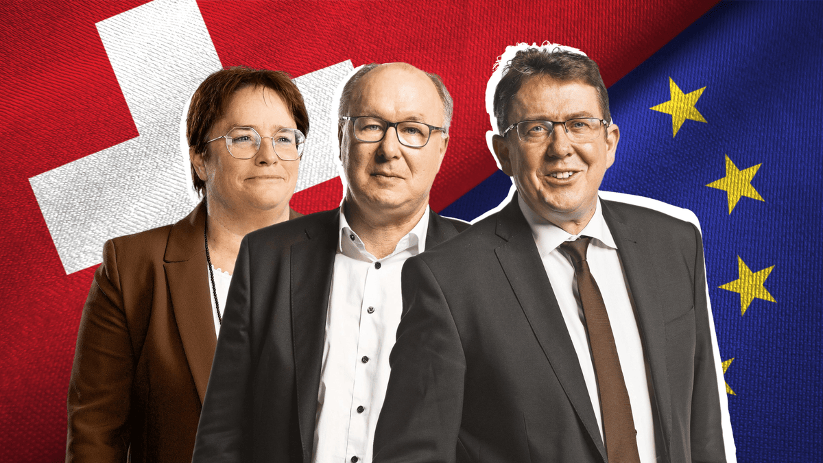 Trois personnes en tenue professionnelle posent devant un fond avec les drapeaux suisse et européen.