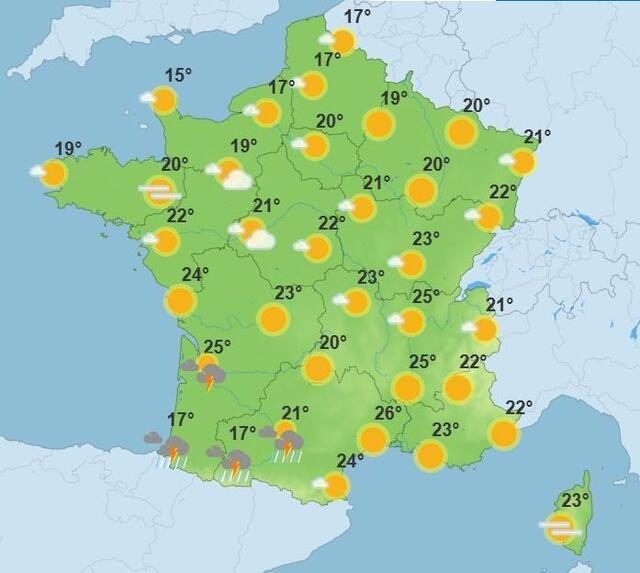 photo les prévisions des températures de jeudi 15 mai 2025.  ©  météo france
