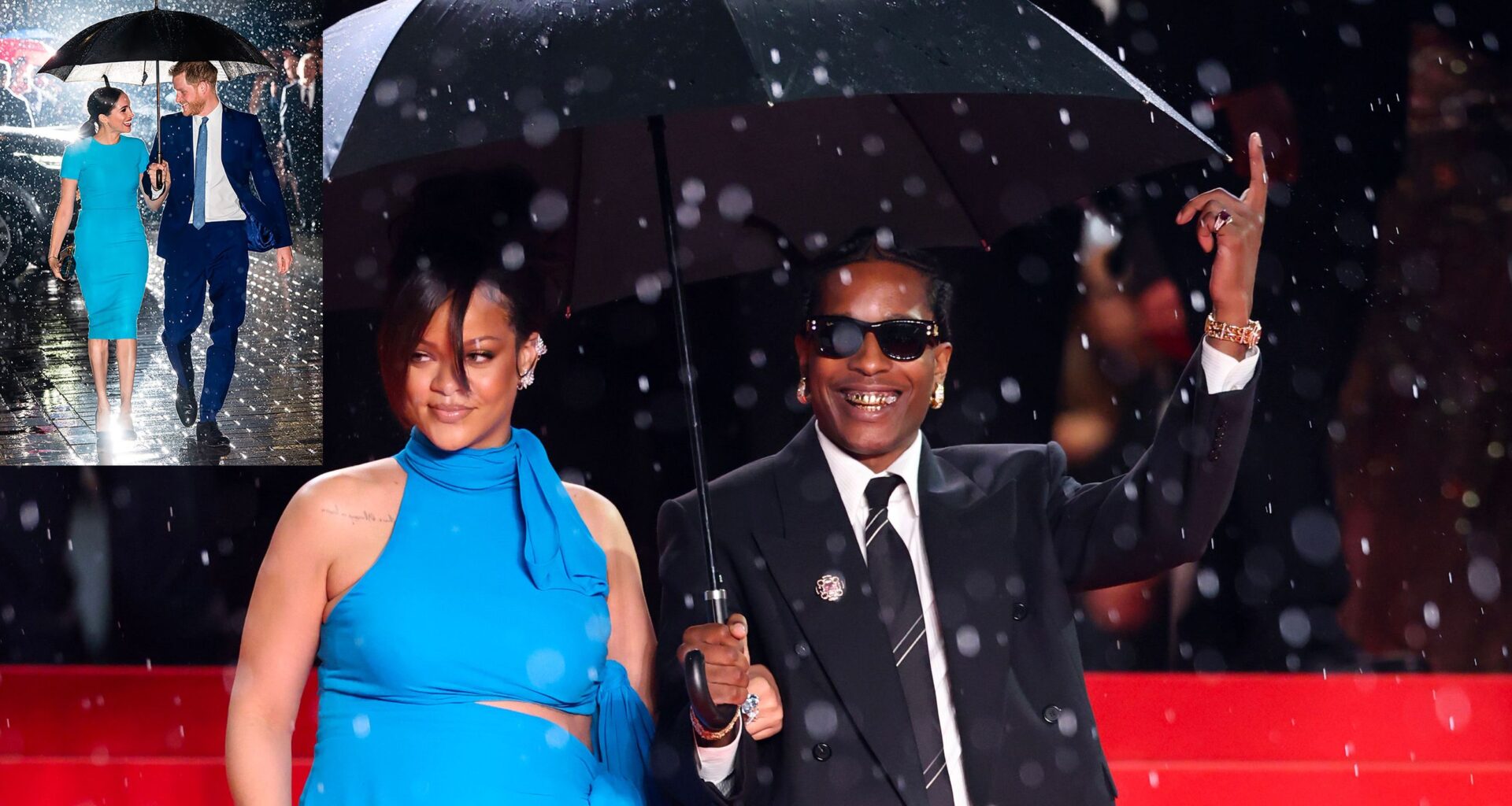 Rihanna enceinte, elle rejoint A$AP Rocky sur le tapis rouge du Festival de Cannes et le couple imite, grâce à la pluie, Meghan Markle et le prince Harry