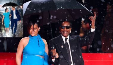 Rihanna enceinte, elle rejoint A$AP Rocky sur le tapis rouge du Festival de Cannes et le couple imite, grâce à la pluie, Meghan Markle et le prince Harry