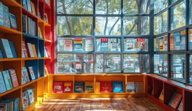 Étagères colorées de livres avec vue sur des arbres verdoyants