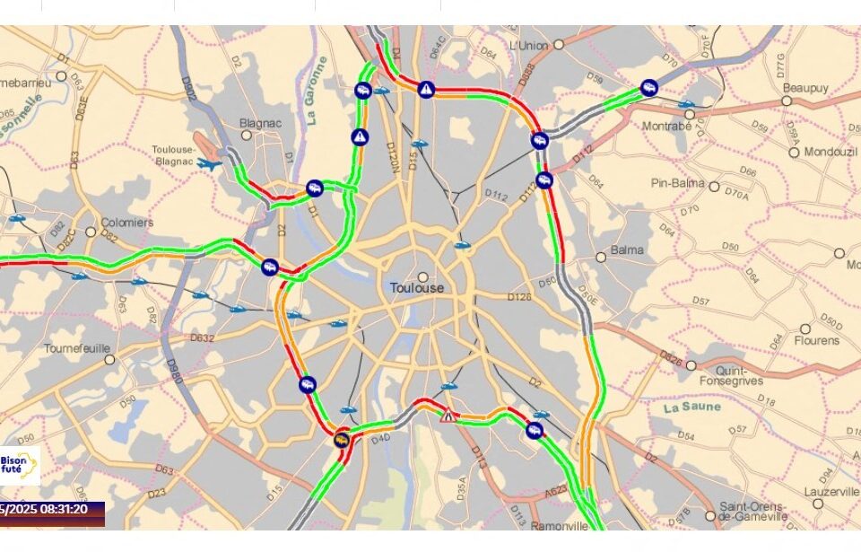 Voici l'état du trafic (mis à jour à 8h30) dans les principales routes de l'agglo de Toulouse selon Bison Futé