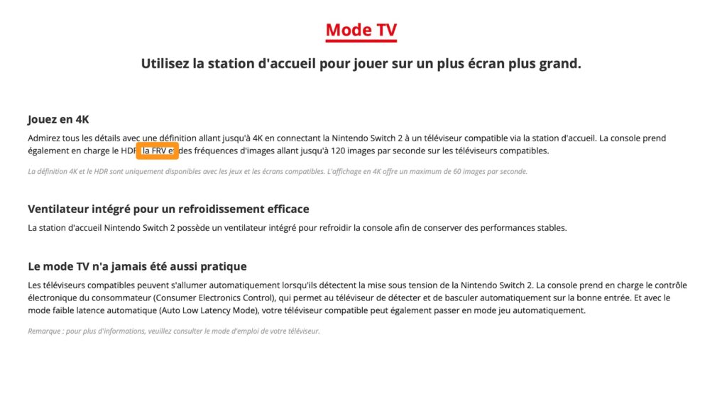 L'ancienne description du mode TV de la Switch 2 // Source : Wayback Machine