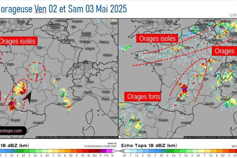 Les zones où les orages devraient éclater entre vendredi 2 mai et samedi 3 mai 2025. 