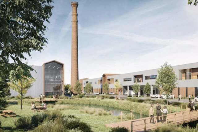 Le futur parc d’activité avec l’actuelle cheminée de l’ancienne usine. (© Agence franc architecture )