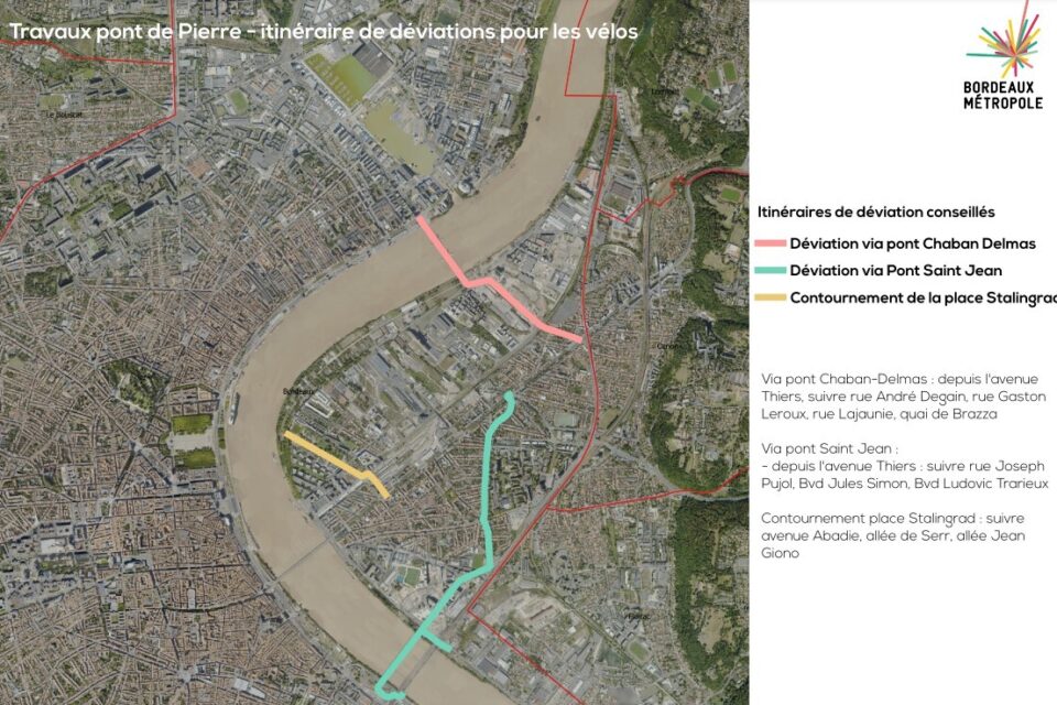 Les itinéraires de déviation conseillés pour les cyclistes pendant les travaux du pont de pierre à Bordeaux.