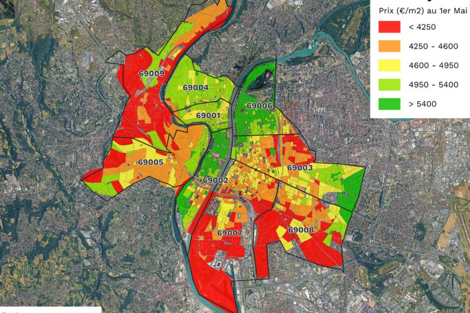 La carte des prix au m² par arrondissement à Lyon au 1er mai 2025.