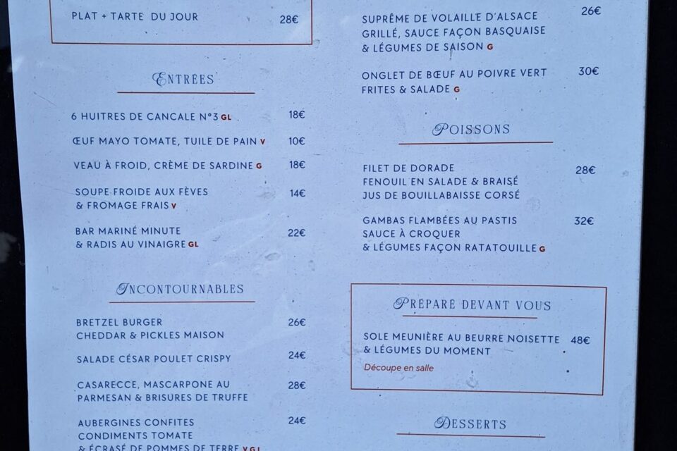 La carte du restaurant La Brasserie.