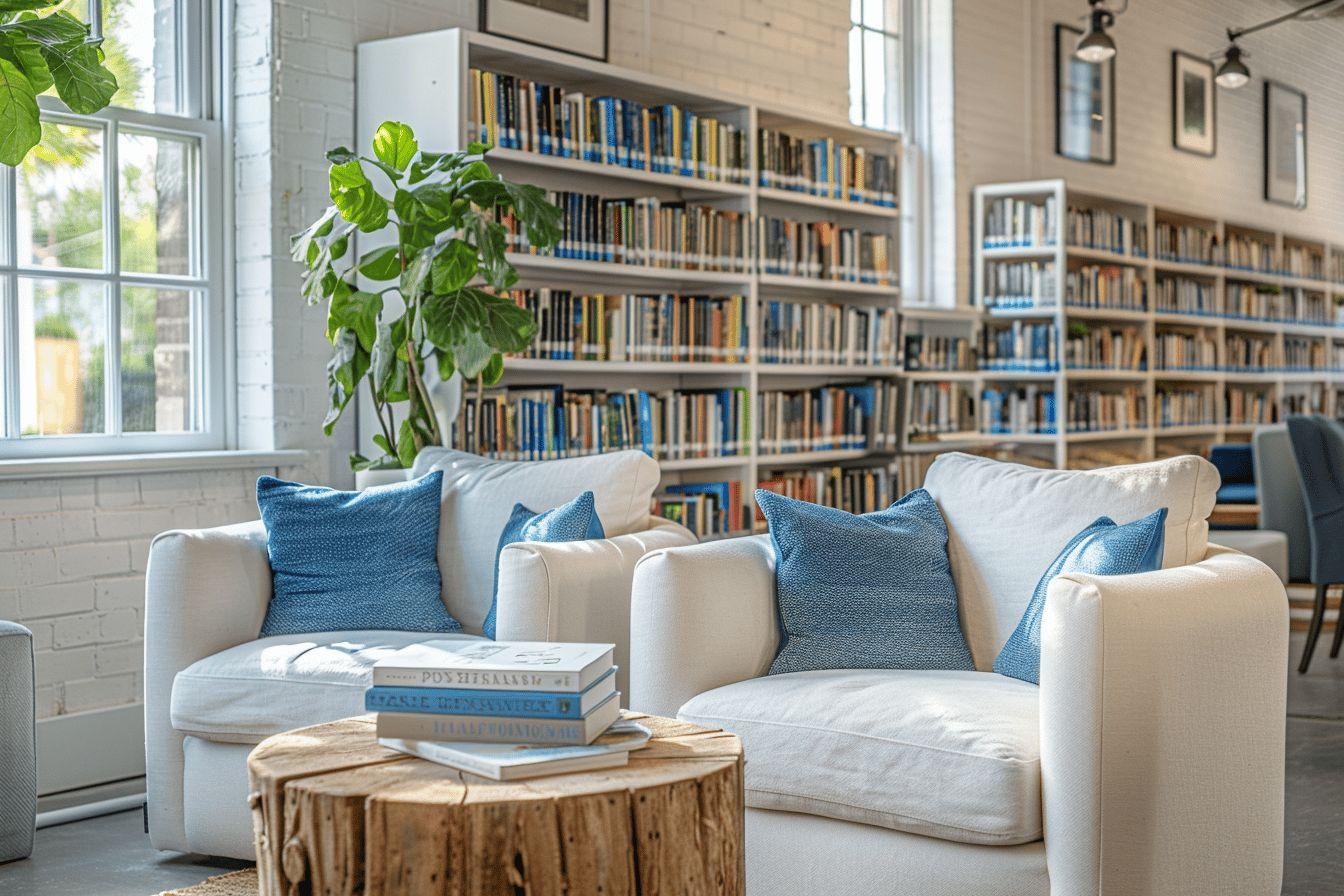 Canapé blanc avec coussins bleus devant des étagères de livres