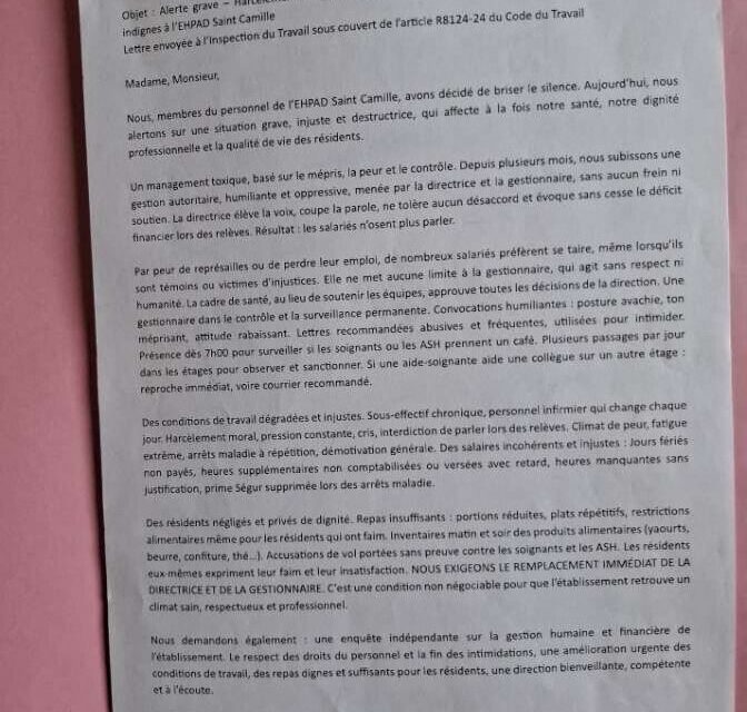 Le courrier rédigé par le personnel de l'Ehpad Saint-Camille.