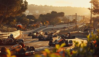 Des pilotes de karting en course sur une piste au coucher de soleil