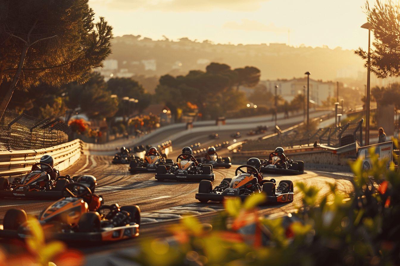 Des pilotes de karting en course sur une piste au coucher de soleil