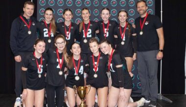 Une équipe de volleyball avec des médailles au cou et un trophée pose pour une photo.