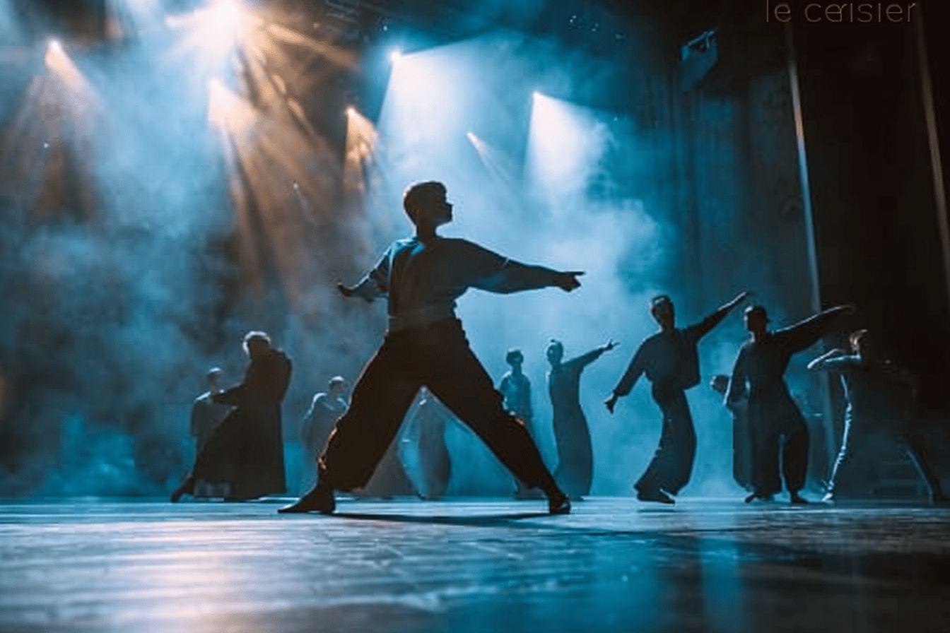 Silhouettes de danseurs sur une scène illuminée de bleu