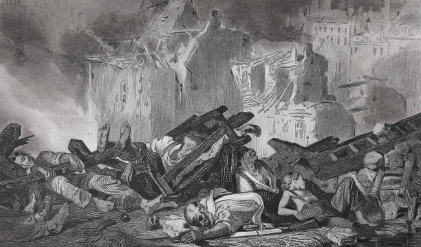 Deuxième Insurrection de Lyon, le 10 avril 1834 ; Gravure de Philippe-Auguste Jeanron ; Planche extraite d’une édition du livre Révolution française. Histoire de dix ans. 1830-1840 de Louis Blanc, publié par Pagnerre, Paris : Imp. F. Chardon ainé, [1850]. Document Bibliothèque municipale de Lyon, fonds Chomarat