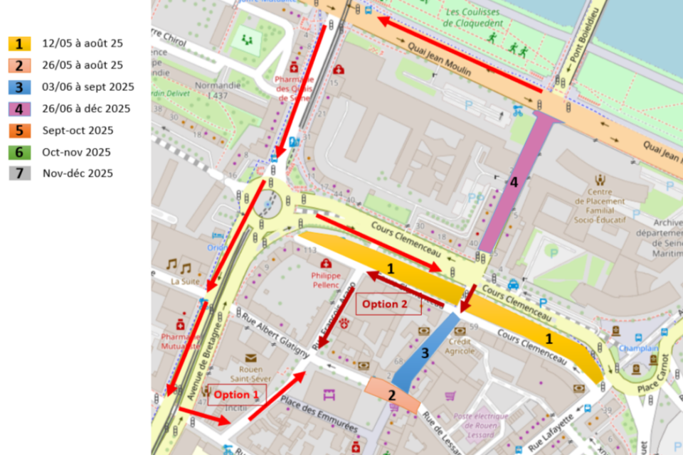 Plan des déviations autour du cours Clemenceau à Rouen de mai à septembre 2025.