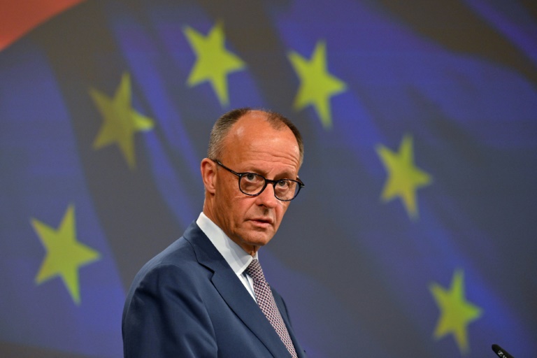 Le chancelier allemand Friedrich Merz, à Bruxelles, le 9 mai 2025 (Nicolas TUCAT)