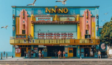 Bâtiment aux couleurs vives avec des mouettes survolant l'entrée