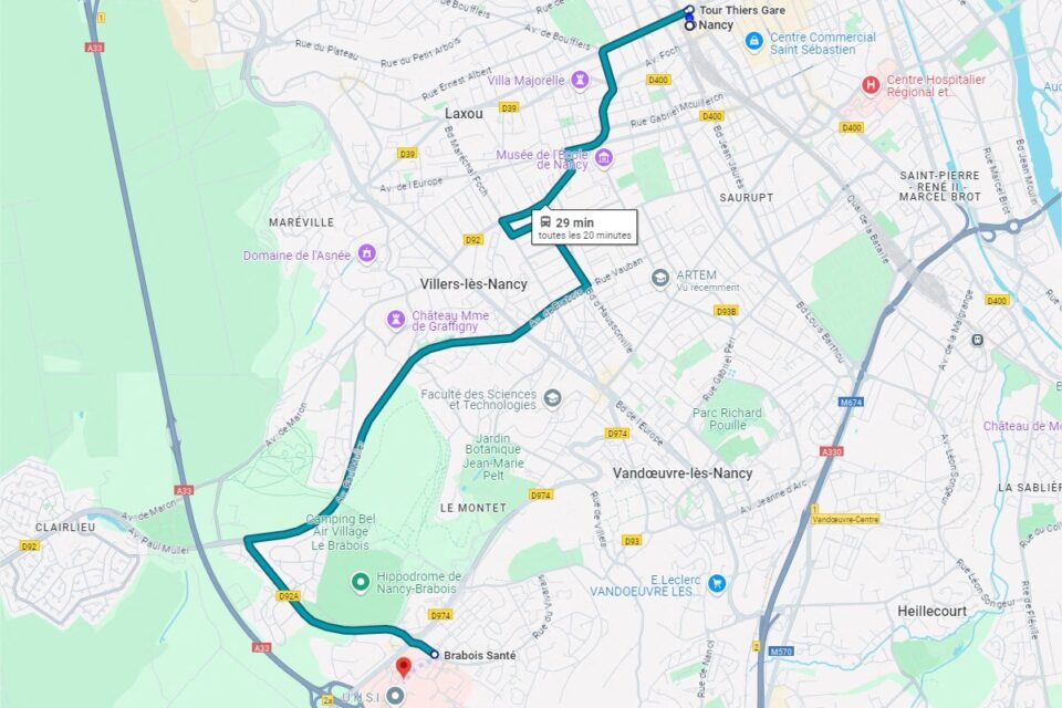 Actuellement, Google Maps ne propose que la ligne 10 pour relier la gare de Nancy au CHRU, mais pas le trolleybus.