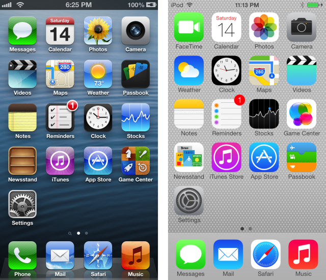 iOS 6 à gauche, iOS 7 à droite. Une décennie plus tard, Apple a conservé le design plat. // Source : Numerama 