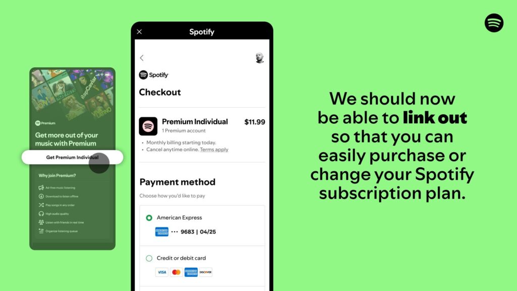 Au lendemain de la décision de la justice, Spotify a mis à jour son application avec des abonnements en dehors de l'App Store.