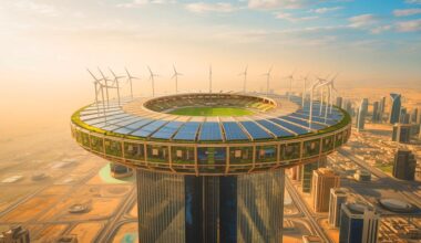 Illustration de la conception futuriste du stade écologique sur le gratte-ciel LINE en Arabie saoudite (création par IA, non réaliste). Crédit : Ideogram