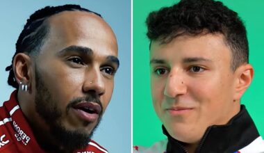 Les pilotes de Formule 1 Lewis Hamilton (gauche) et Isack Hadjar (droite)
