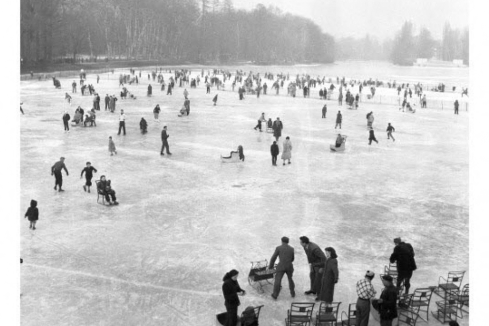 Des Lyonnais font de la luge sur le lac glacé de la Tête d'Or.