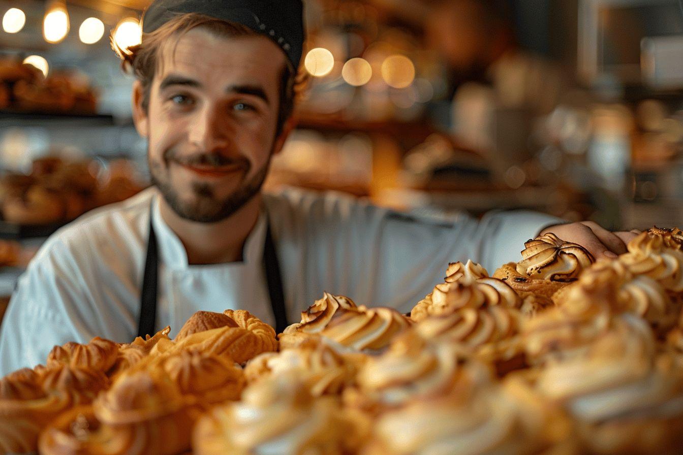 Pâtissier derrière un étalage de pâtisseries dorées et décorées